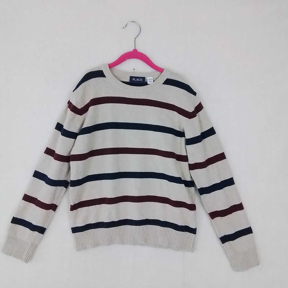 Children's Place Cotton Crew Neck Knit Sweater Size‎ Large in Tan w/ Stripes